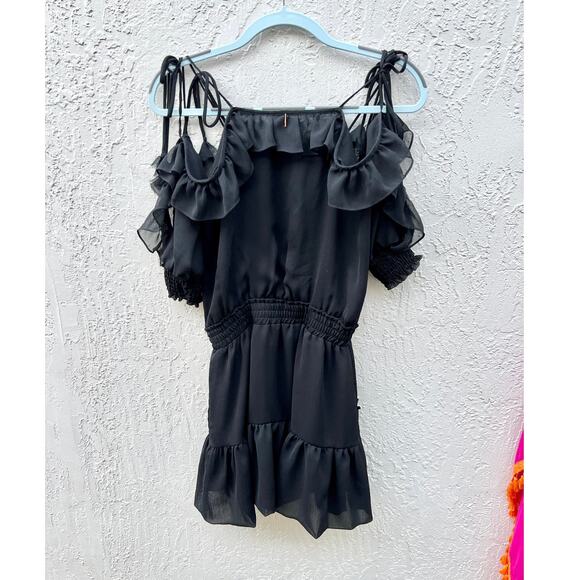 Misa Los Angeles Emelie Tie Cold Shoulder Ruffle Hem Mini Dress Black Women's XS - Picture 12 of 12